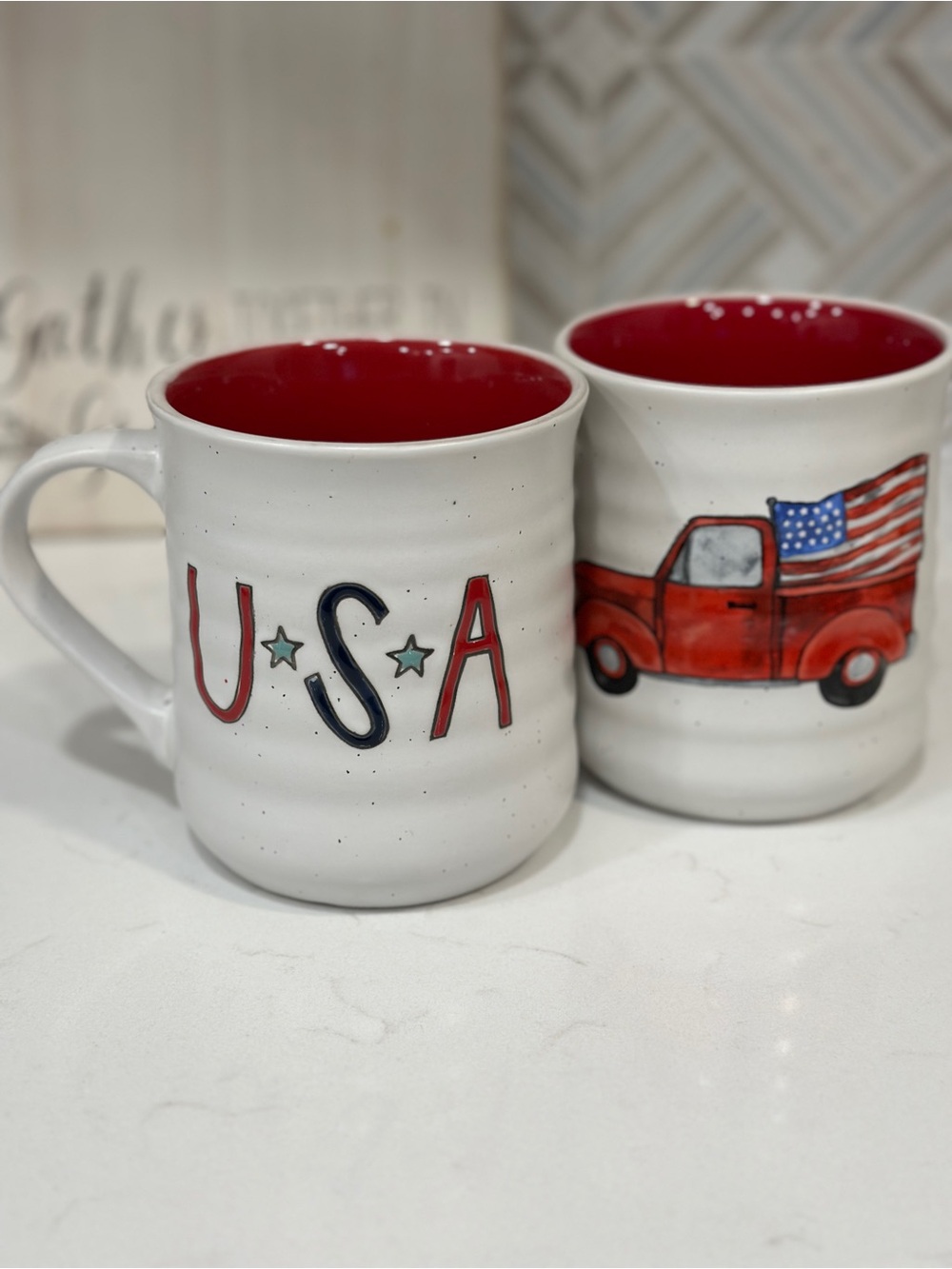 Patriotic USA Ceramic Mugs Set of 2 Red White Blue Truck Flag Home of the Brave